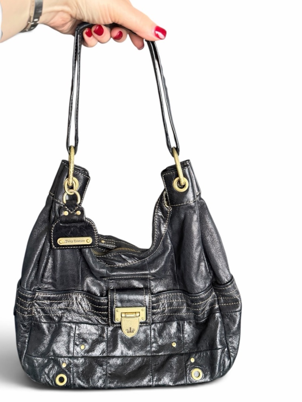 Vintage Y2K Juicy Couture Black Leather Shoulder Bag with Gold Hardware